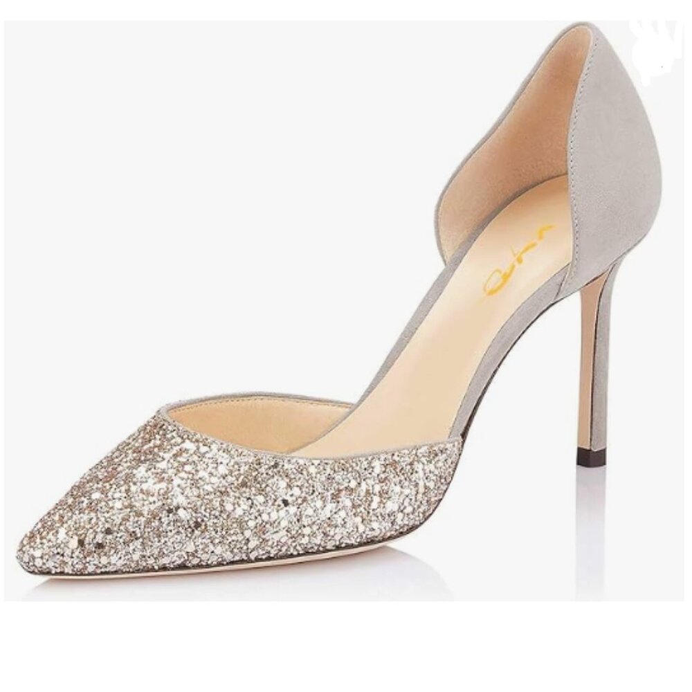 XYD Grey Bridal Thin High Heel Pointed Toe Slip on Suede Glitter D' Orsay Pumps